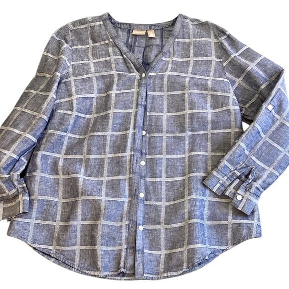 Chico’s Linen Blend Windowpane Print V Neck Button Down Roll Tab Sleeve Blouse - Picture 1 of 8
